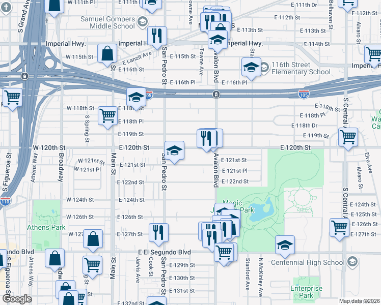 map of restaurants, bars, coffee shops, grocery stores, and more near 400 East 120th Street in Los Angeles