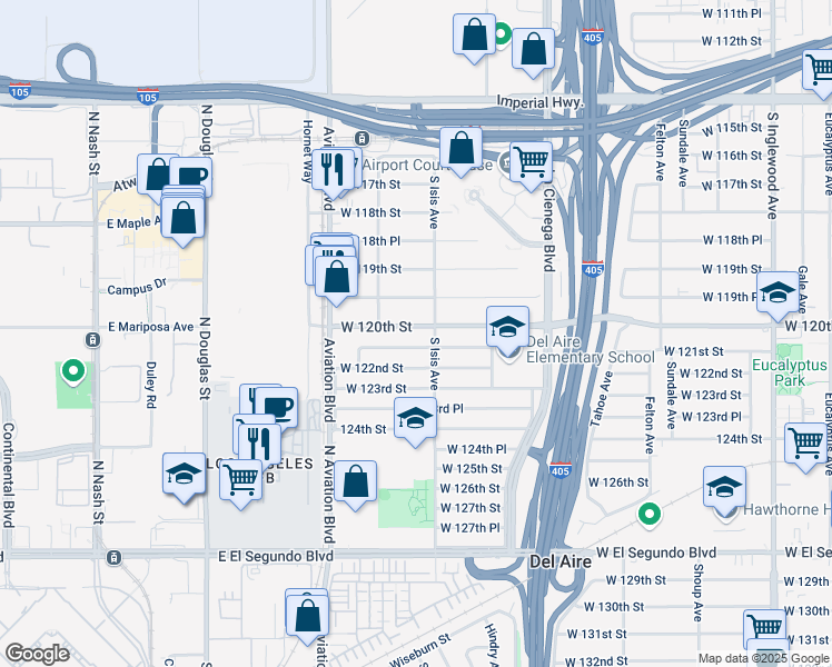 map of restaurants, bars, coffee shops, grocery stores, and more near 5431 West 120th Street in Inglewood