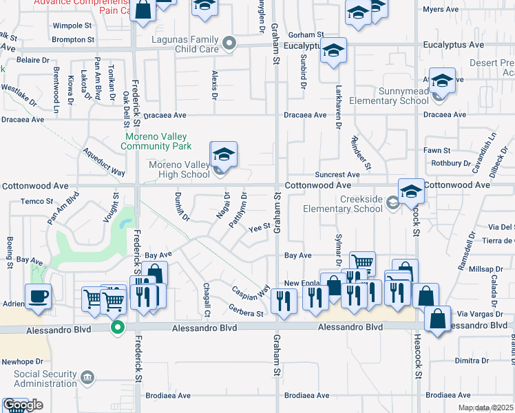 map of restaurants, bars, coffee shops, grocery stores, and more near 23437 Challis Court in Moreno Valley