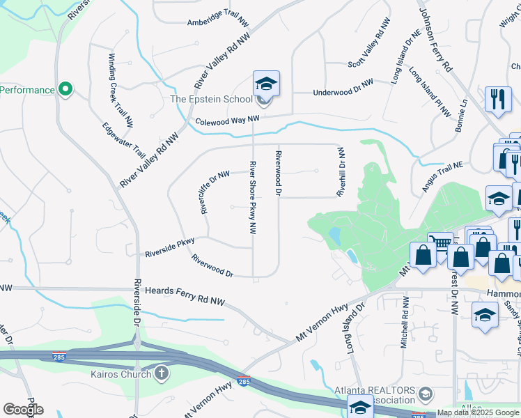 map of restaurants, bars, coffee shops, grocery stores, and more near 6185 River Shore Parkway Northwest in Atlanta
