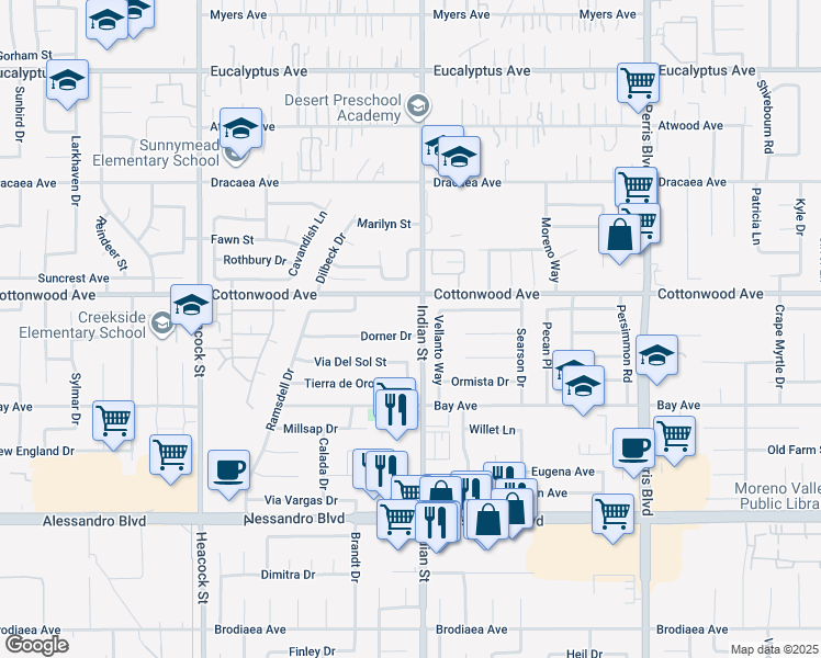map of restaurants, bars, coffee shops, grocery stores, and more near 24486 Dorner Drive in Moreno Valley