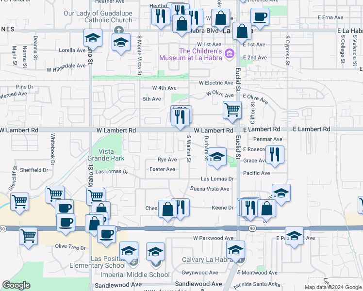 map of restaurants, bars, coffee shops, grocery stores, and more near 752 Stone Harbor Circle in La Habra