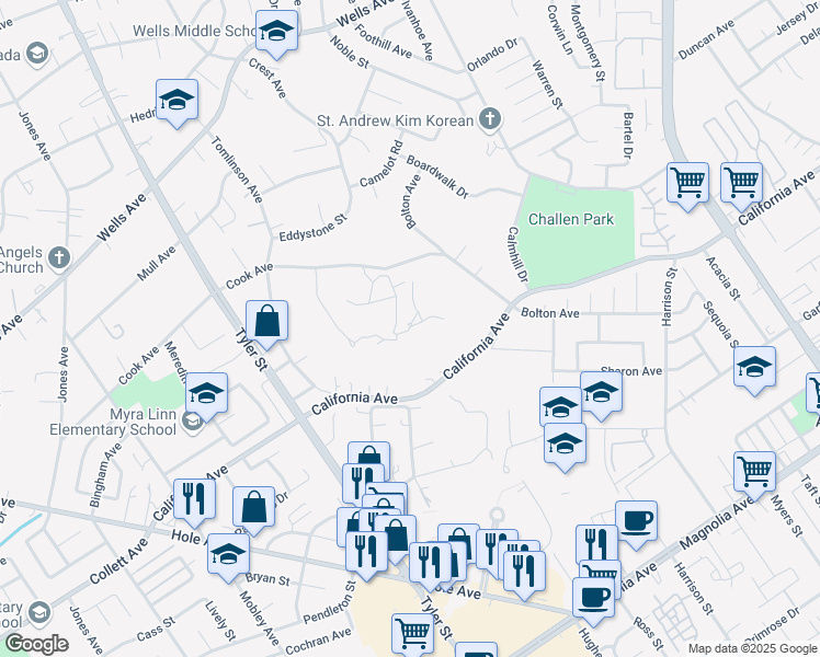 map of restaurants, bars, coffee shops, grocery stores, and more near in Riverside