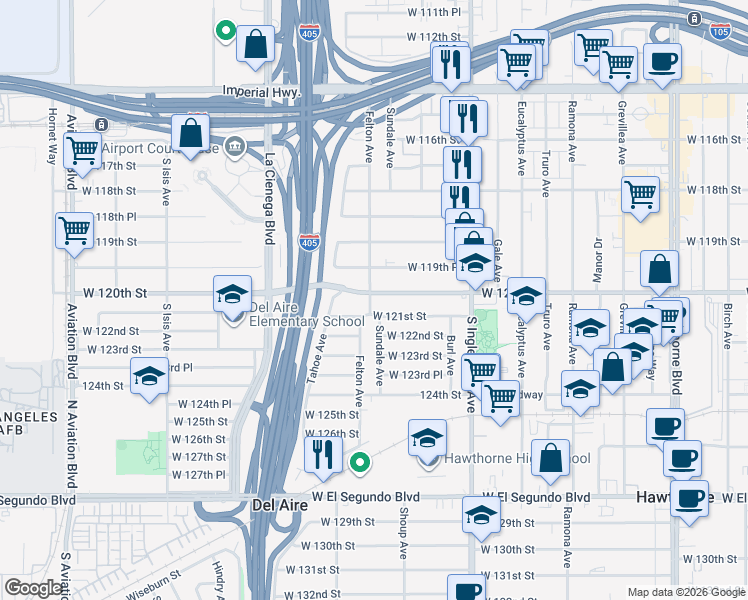 map of restaurants, bars, coffee shops, grocery stores, and more near 4958 West 120th Street in Hawthorne