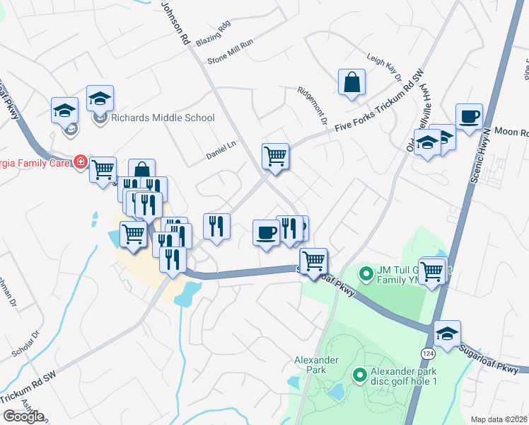 map of restaurants, bars, coffee shops, grocery stores, and more near 459 Bellbrook Lane in Lawrenceville