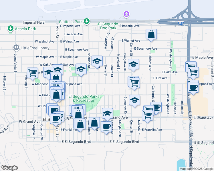 map of restaurants, bars, coffee shops, grocery stores, and more near 710 East Mariposa Avenue in El Segundo