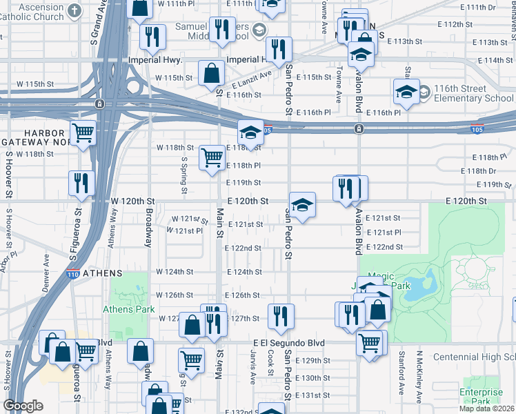 map of restaurants, bars, coffee shops, grocery stores, and more near 208 East 120th Street in Los Angeles