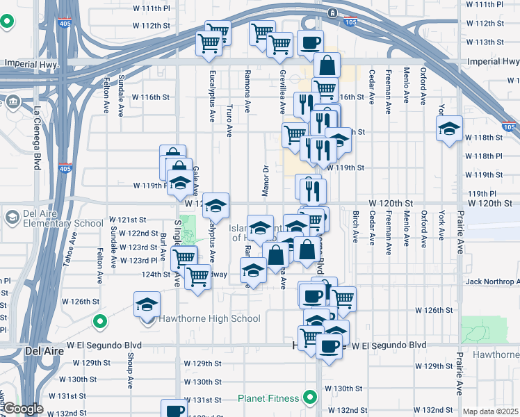 map of restaurants, bars, coffee shops, grocery stores, and more near 4560 West 120th Street in Hawthorne