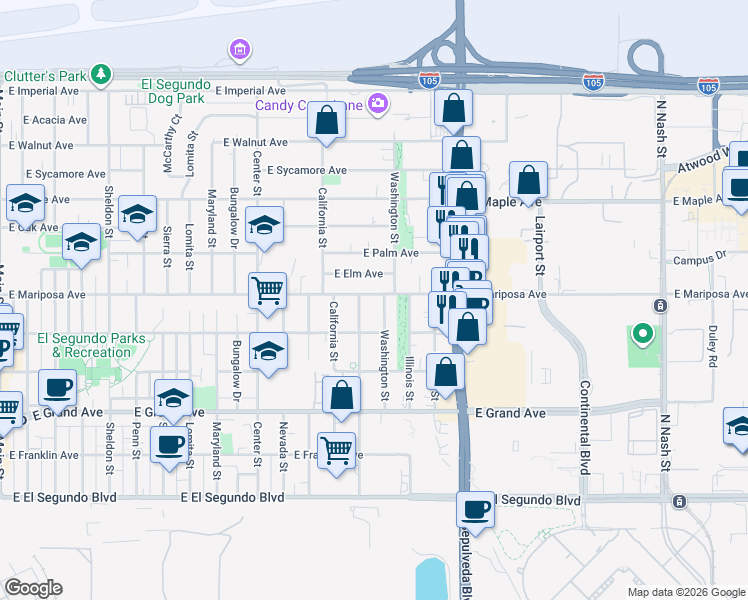 map of restaurants, bars, coffee shops, grocery stores, and more near 1530 East Elm Avenue in El Segundo