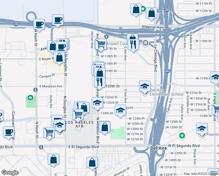 map of restaurants, bars, coffee shops, grocery stores, and more near 5468 West 120th Street in Hawthorne