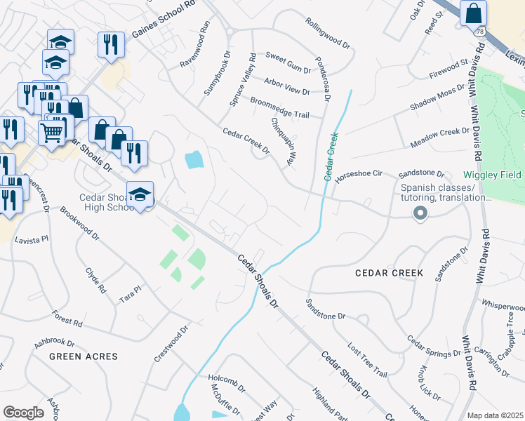 map of restaurants, bars, coffee shops, grocery stores, and more near 149 East Paces Drive in Athens
