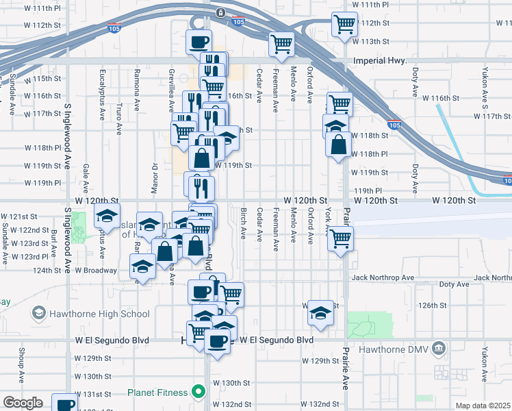 map of restaurants, bars, coffee shops, grocery stores, and more near 12009 Cedar Avenue in Hawthorne