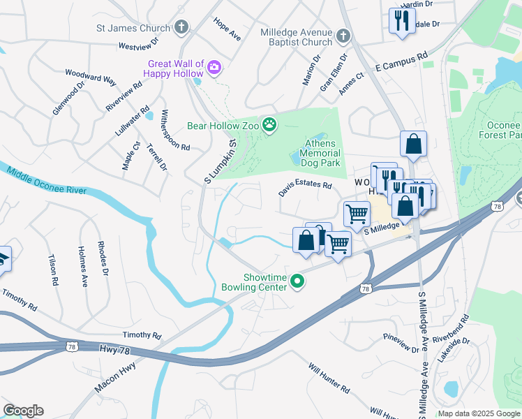 map of restaurants, bars, coffee shops, grocery stores, and more near 272 Sleepy Creek Drive in Athens