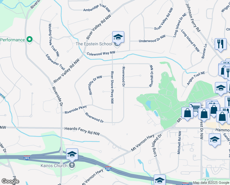 map of restaurants, bars, coffee shops, grocery stores, and more near 6175 River Shore Parkway Northwest in Atlanta