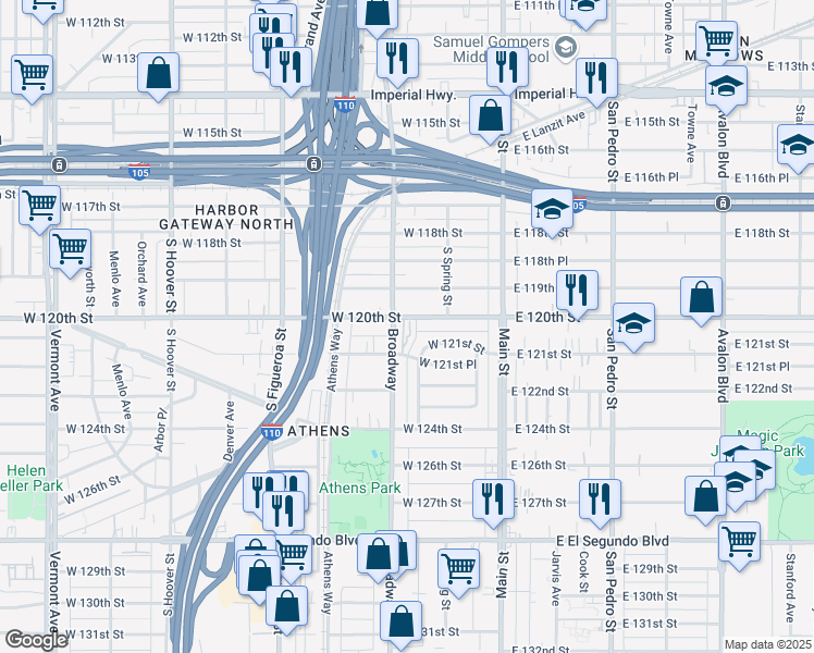 map of restaurants, bars, coffee shops, grocery stores, and more near 12056 South Broadway in Los Angeles