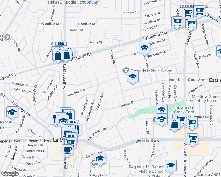 map of restaurants, bars, coffee shops, grocery stores, and more near 11836 Holston Avenue in La Mirada
