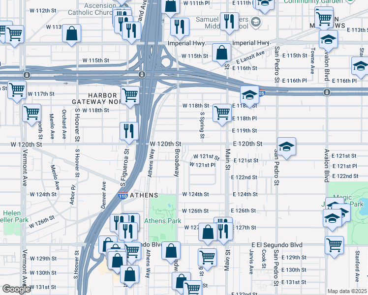 map of restaurants, bars, coffee shops, grocery stores, and more near 12056 South Broadway in Los Angeles
