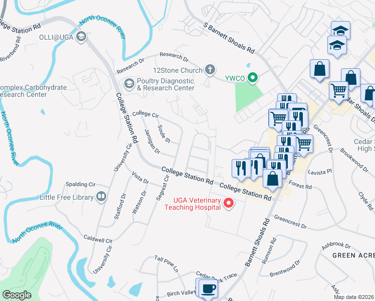 map of restaurants, bars, coffee shops, grocery stores, and more near 117 Mark Twain Circle in Athens