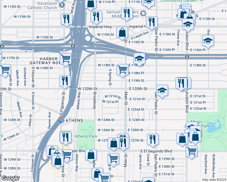 map of restaurants, bars, coffee shops, grocery stores, and more near 129 West 120th Street in Los Angeles