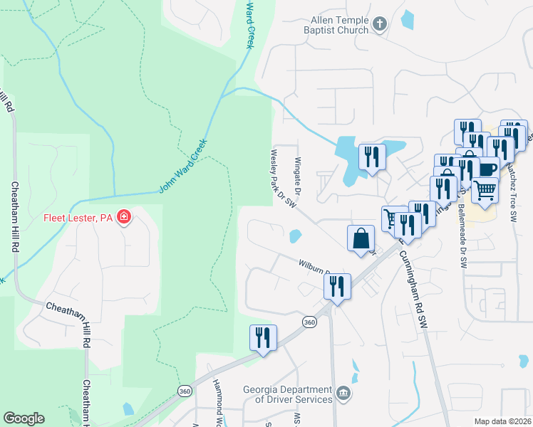 map of restaurants, bars, coffee shops, grocery stores, and more near 1199 Wilburn Drive Southwest in Marietta