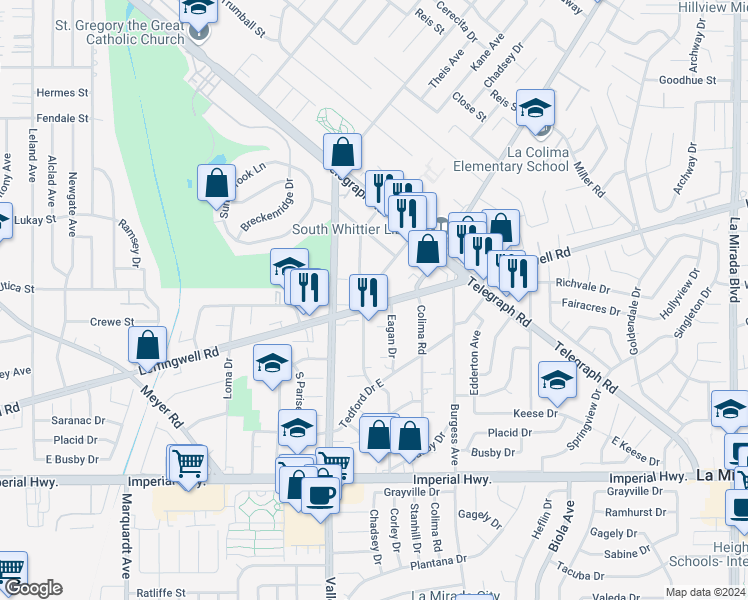 map of restaurants, bars, coffee shops, grocery stores, and more near 11760 Corley Drive in Whittier