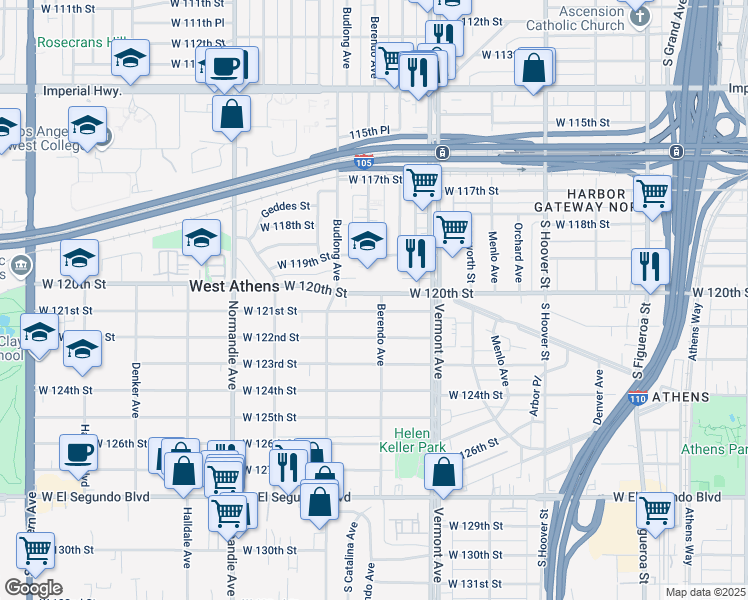 map of restaurants, bars, coffee shops, grocery stores, and more near 1108 West 120th Street in Los Angeles