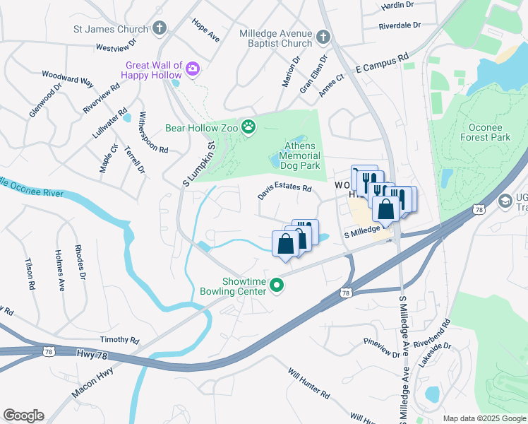 map of restaurants, bars, coffee shops, grocery stores, and more near 285 Davis Estates Road in Athens