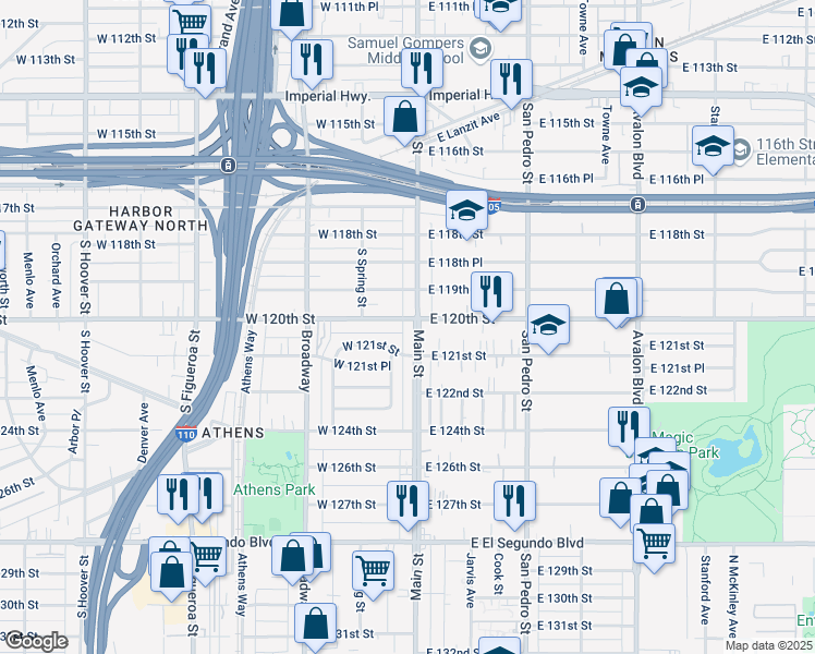 map of restaurants, bars, coffee shops, grocery stores, and more near 12003 South Main Street in Los Angeles