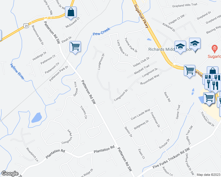 map of restaurants, bars, coffee shops, grocery stores, and more near 3705 Dove Creek Circle Southwest in Lawrenceville