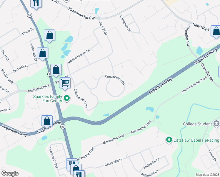 map of restaurants, bars, coffee shops, grocery stores, and more near 481 Cottonpatch Road in Lawrenceville