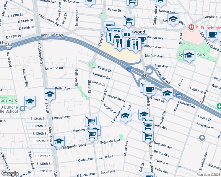 map of restaurants, bars, coffee shops, grocery stores, and more near 11617 Monrovia Avenue in Lynwood