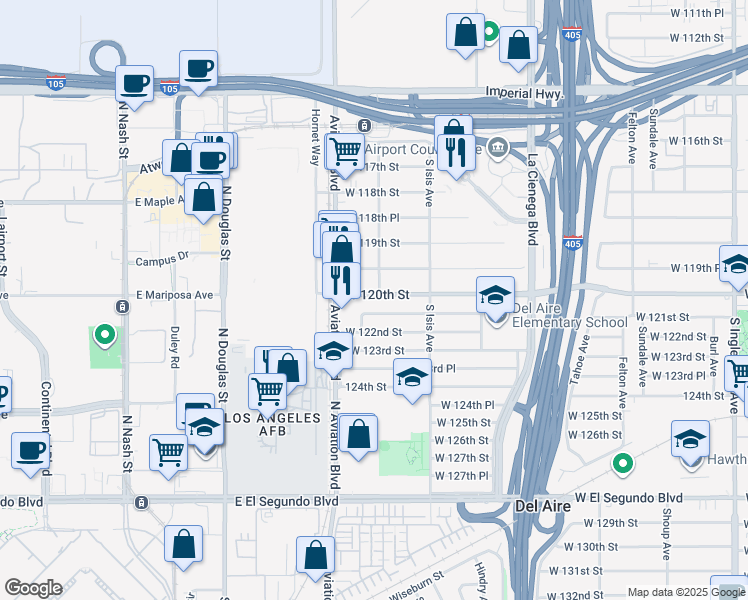 map of restaurants, bars, coffee shops, grocery stores, and more near 5468 West 120th Street in Hawthorne