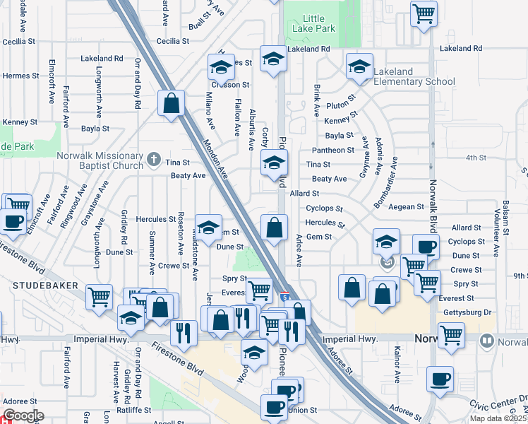 map of restaurants, bars, coffee shops, grocery stores, and more near 11731 Cyclops Street in Norwalk
