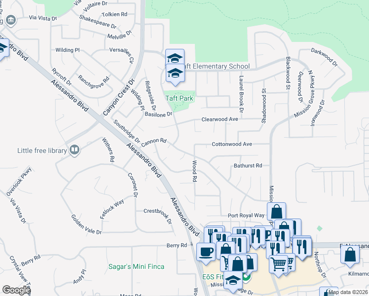 map of restaurants, bars, coffee shops, grocery stores, and more near 945 Cannon Road in Riverside