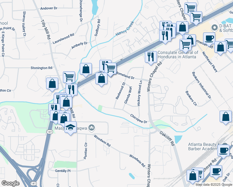 map of restaurants, bars, coffee shops, grocery stores, and more near 4394 Redwood Street in Atlanta