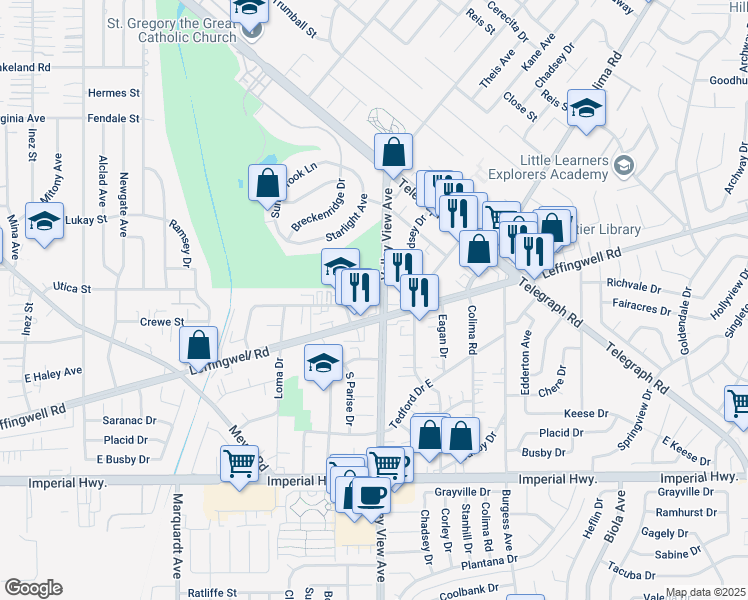 map of restaurants, bars, coffee shops, grocery stores, and more near 11735 Valley View Avenue in Whittier