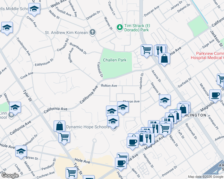 map of restaurants, bars, coffee shops, grocery stores, and more near 4206 Cirrus Way in Riverside
