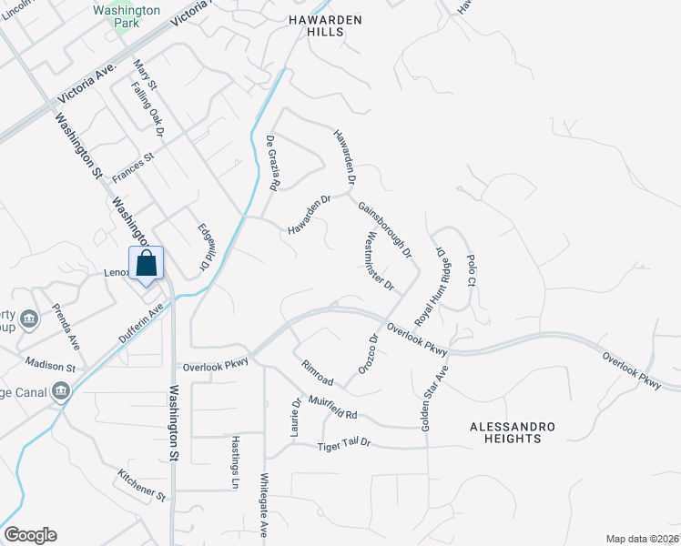 map of restaurants, bars, coffee shops, grocery stores, and more near 2110 Hathaway Place in Riverside