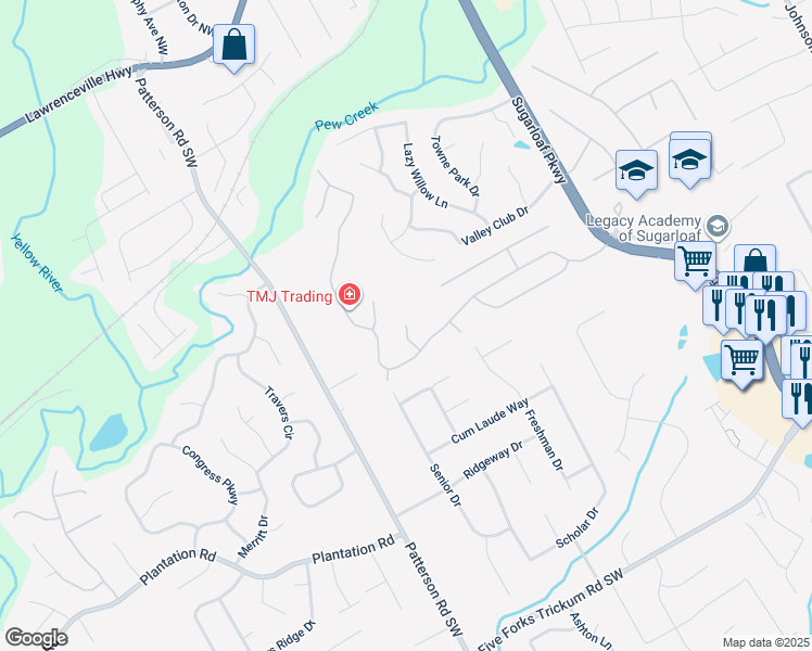 map of restaurants, bars, coffee shops, grocery stores, and more near 3670 Alamosa Court in Lawrenceville