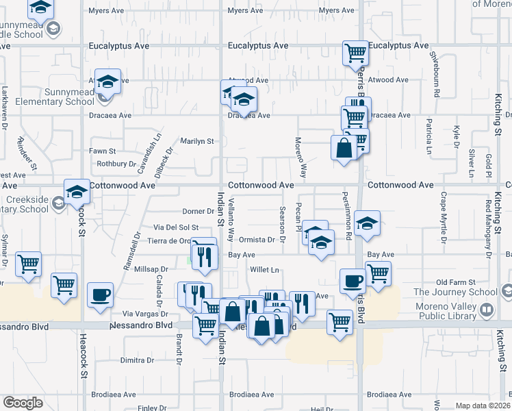 map of restaurants, bars, coffee shops, grocery stores, and more near 24620 Mantee Place in Moreno Valley