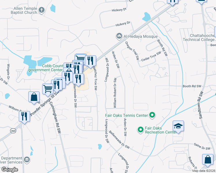map of restaurants, bars, coffee shops, grocery stores, and more near 1199 Longwood Drive Southwest in Marietta