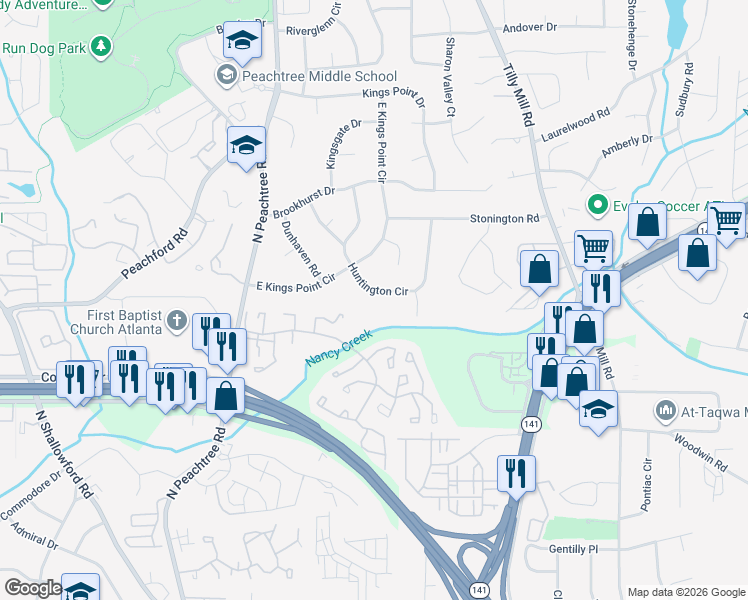map of restaurants, bars, coffee shops, grocery stores, and more near 4376 Huntington Cir in Dunwoody