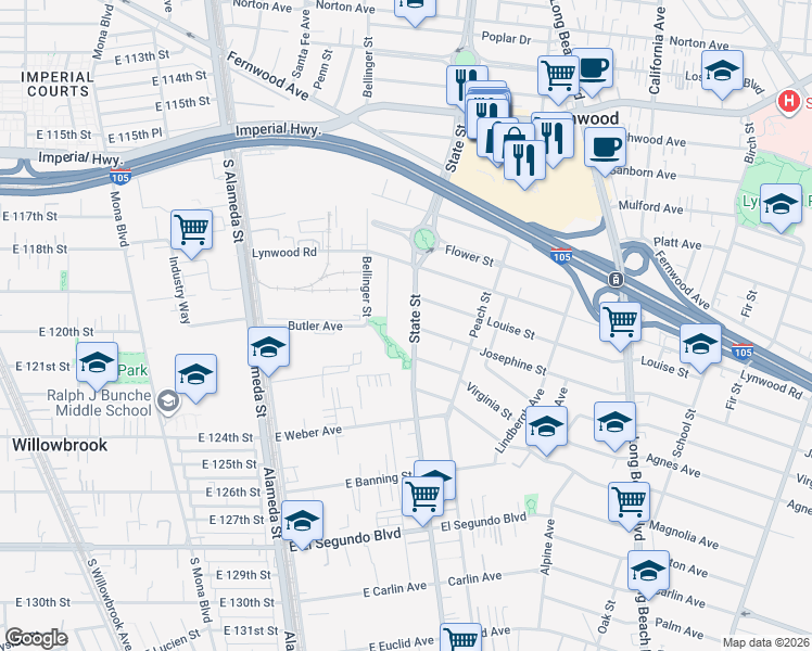 map of restaurants, bars, coffee shops, grocery stores, and more near 11706 State Street in Lynwood