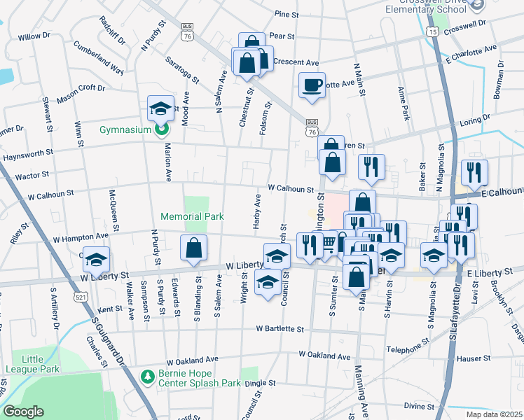 map of restaurants, bars, coffee shops, grocery stores, and more near 19 Harby Avenue in Sumter