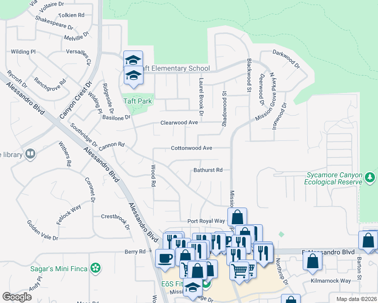 map of restaurants, bars, coffee shops, grocery stores, and more near 229 Cottonwood Avenue in Riverside