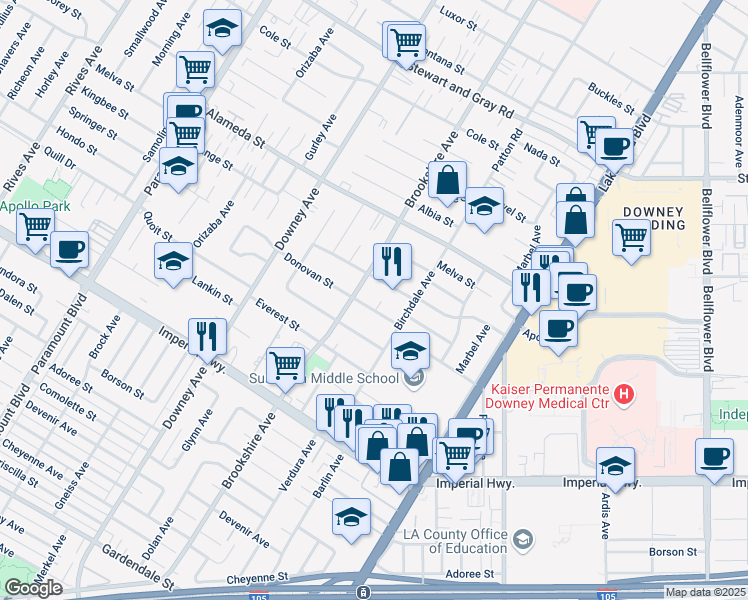map of restaurants, bars, coffee shops, grocery stores, and more near 8525 Donovan Street in Downey