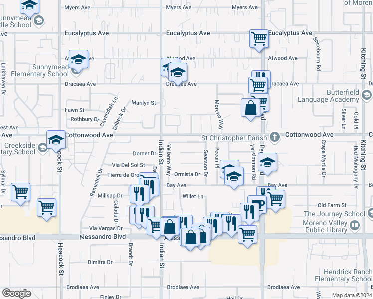 map of restaurants, bars, coffee shops, grocery stores, and more near 24620 Mantee Place in Moreno Valley
