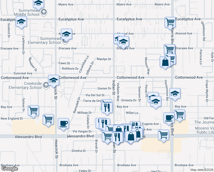 map of restaurants, bars, coffee shops, grocery stores, and more near in Moreno Valley