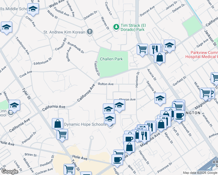 map of restaurants, bars, coffee shops, grocery stores, and more near 4206 Cirrus Way in Riverside