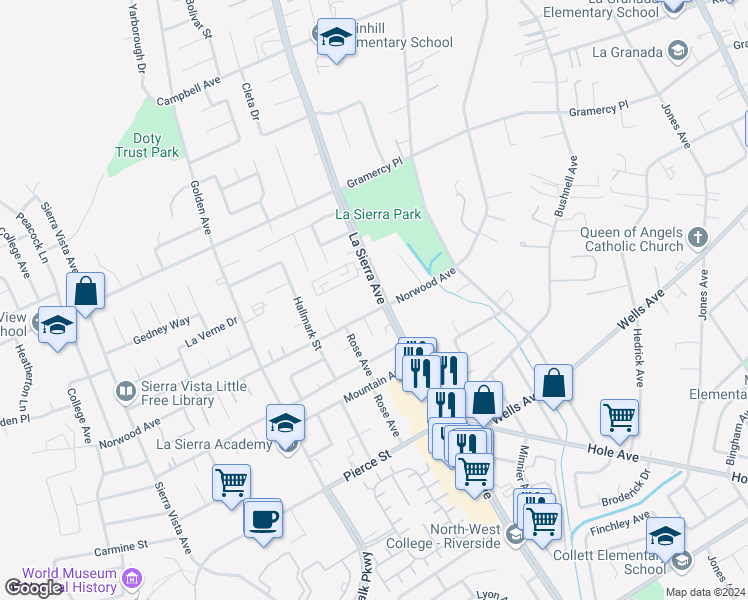 map of restaurants, bars, coffee shops, grocery stores, and more near 5142 La Sierra Avenue in Riverside
